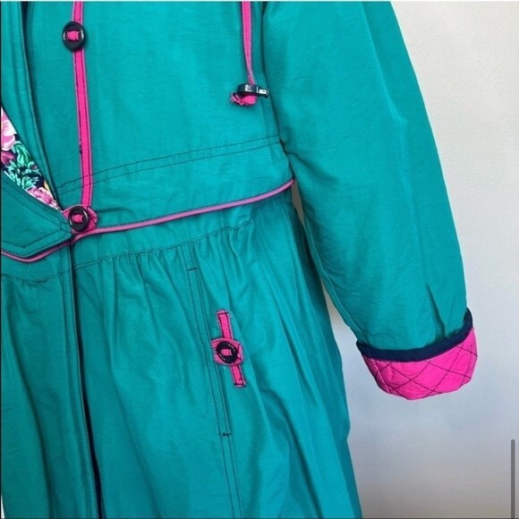 Vintage 80s Rothschild Coat Girls 12 Womens S/M Turquoise Floral Puffer Jacket - Picture 7 of 9
